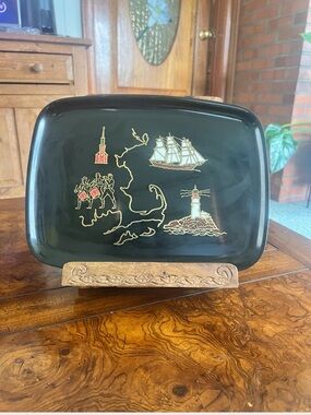 Vintage Black Nautical Decorative Tray with Gold & Red Accents Courac Tray